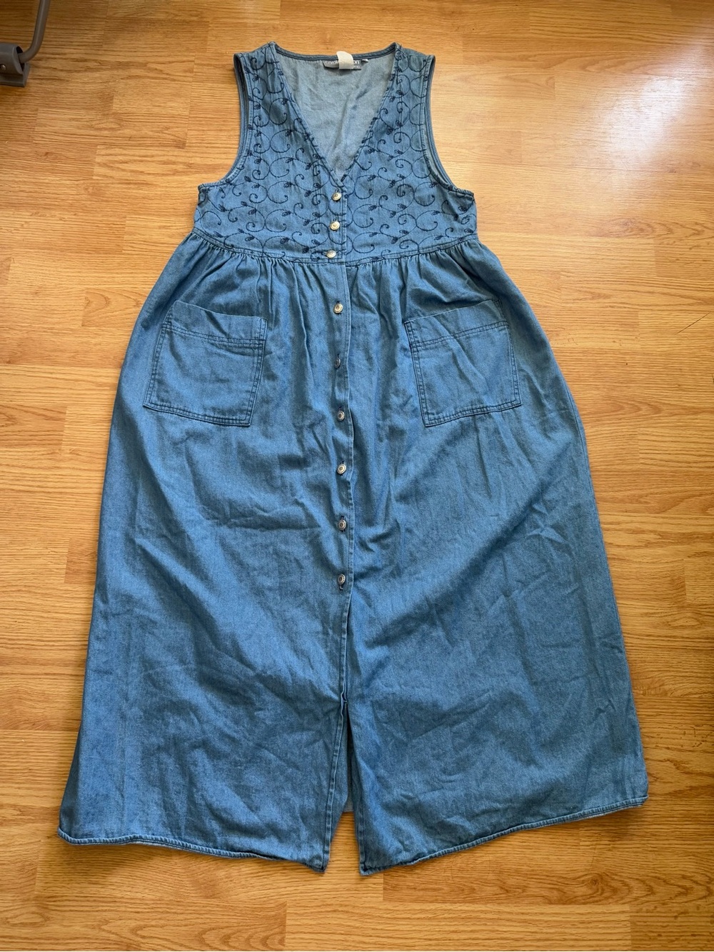VTG 90s Carol Anderson California Denim Embroidered Button Maxi Jumper Dress S